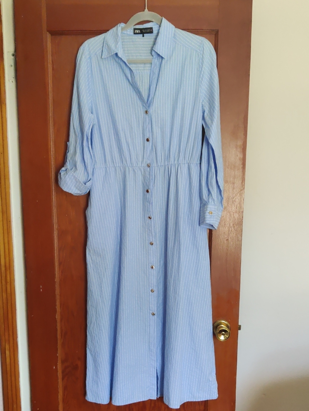 Zara Light Blue Pinstripe Shirt Dress, EUC